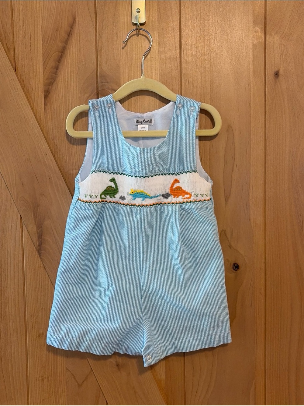 Classy Couture Seersucker Shortall Blue White Dinosaur Unisex Toddler 24 Mo